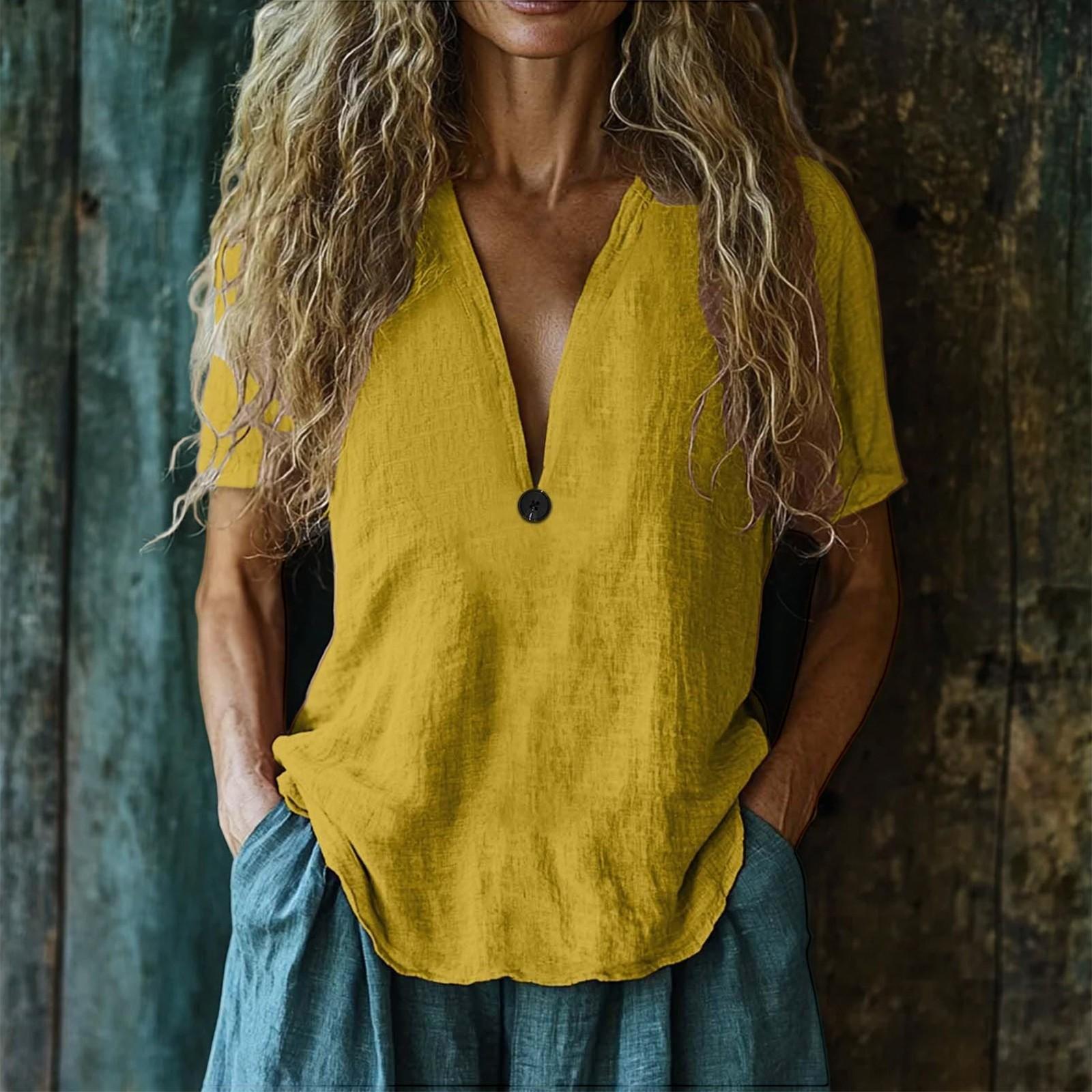 

Женский модный однотонный пуловер с V-образным вырезом и короткими рукавами на пуговицах XL жёлтый