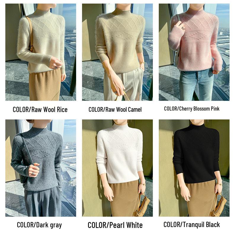 2024 Autumn/Winter Women's Wool Sweater: Thickened, Half-High Collar, Cable Knit, Loose Fit