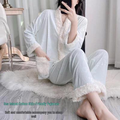 Women's Winter Pajama Set: Thickened Velvet, Soft Coral Fleece, Jacquard Design, Warm and Stylish.