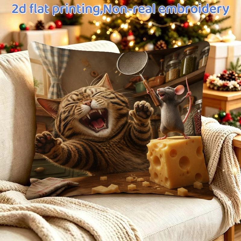 1pc 2D Flat Printing Pillowcase, Single-Sided Print (Pillow Insert Not Included), 45X45Cm/18X18 Inches, Zipper Closure, Whimsical Kitchen Yawning Tabb