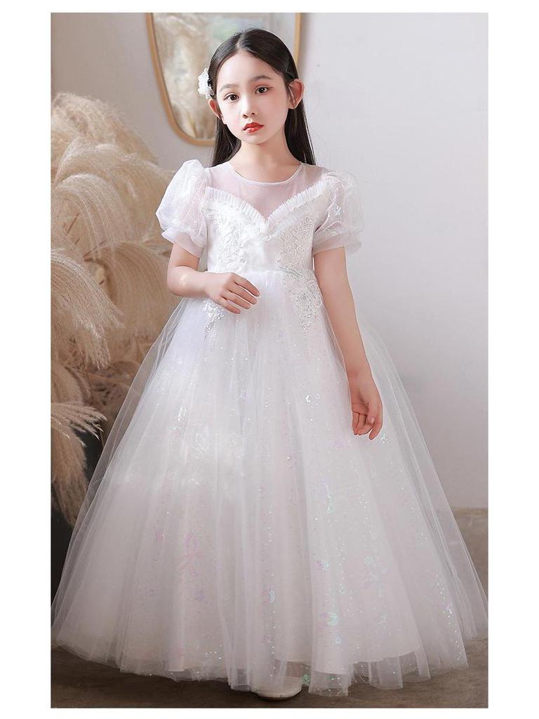 Girls' Fluffy Mesh Princess Skirt - Children's Long Wedding and Piano Performance Dress