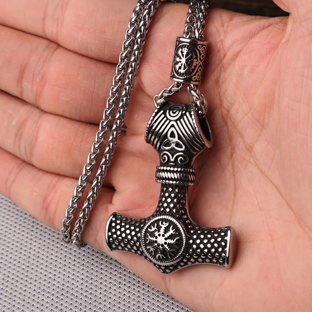 Flerfärgad pärlhalsband med vikingahammare och Thors hammare, rostfritt stål, herrhalsband, Mjolner amulett, smycken