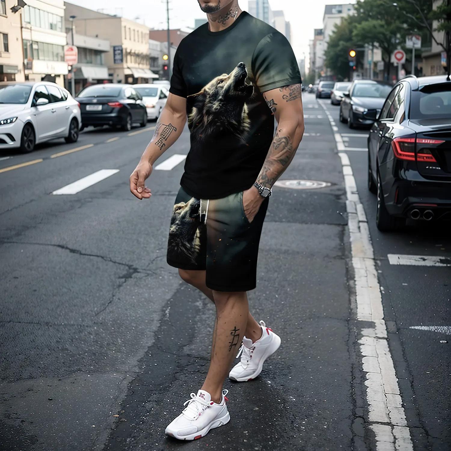 

Мужской комплект из футболки и шорт с короткими рукавами и принтом New3Dwolf, повседневная и качественная летняя уличная модная и властная одежда 6XL