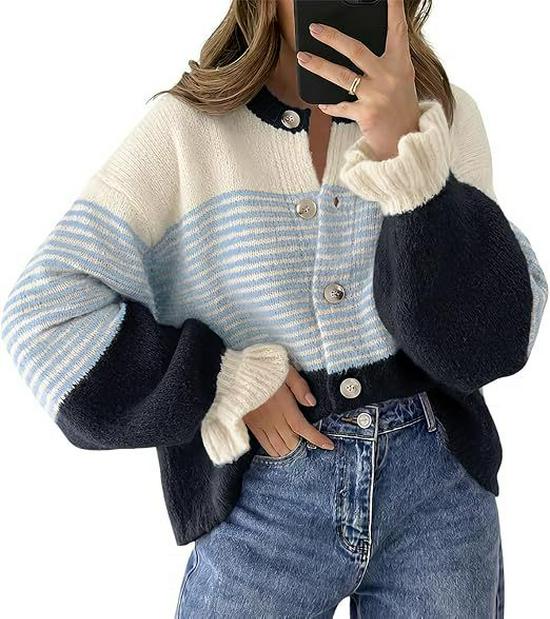 2026 European and American Color Block Striped Knit Cardigan for Women - Loose, Lazy Style Sweater Coat for Autumn/Winter