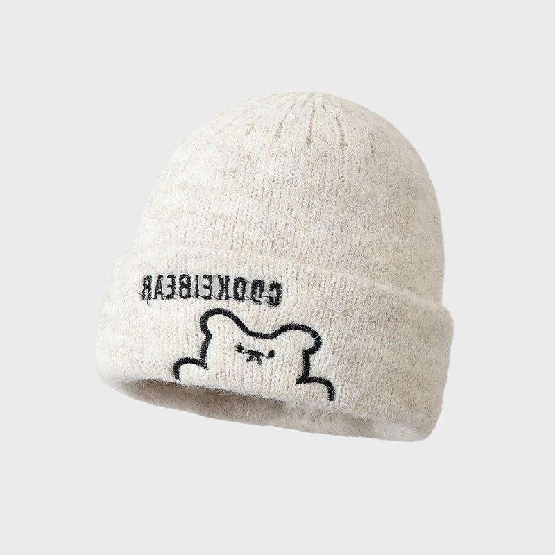 Winter Versatile Hat Female Cute Bear Knitted Hat Thickened Windproof Wool Hat Fashionable Warm Bald Hat