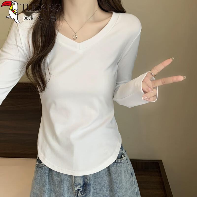 Woodpecker Women's V-Neck Slim-Fit Long-Sleeve Cotton T-Shirt with Fan Hem