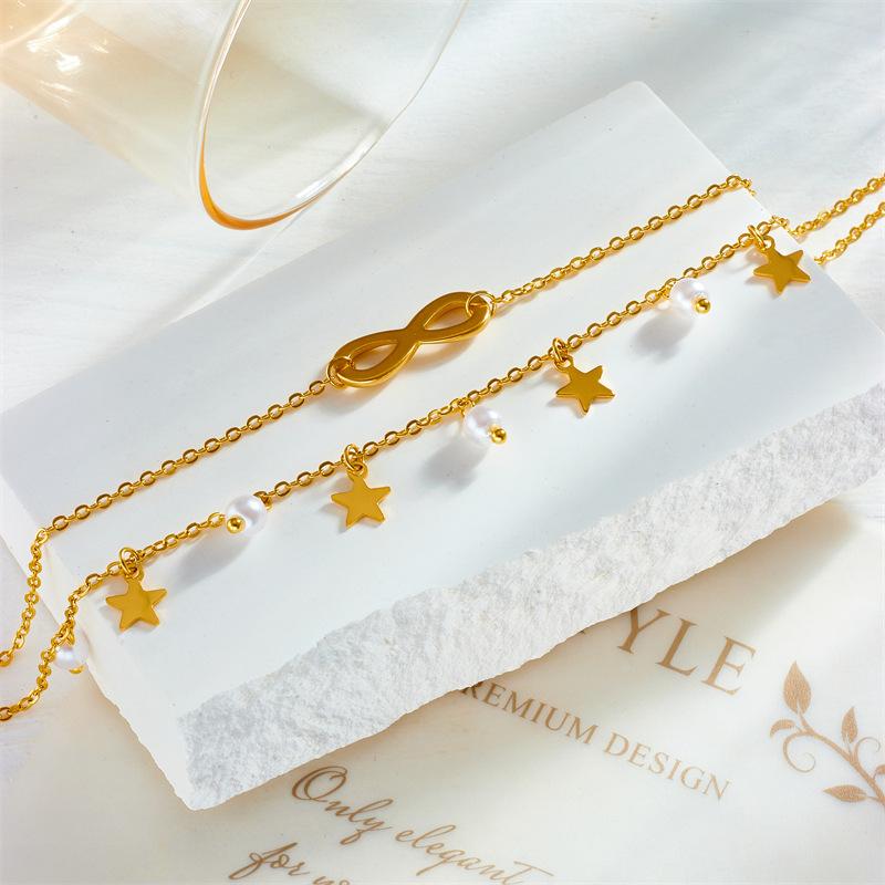 Gold Plated Infinity Star Pearl Anklet, Dainty Double Chain Foot Bracelet with Charms, Minimalist Beach Jewelry for Women Gift