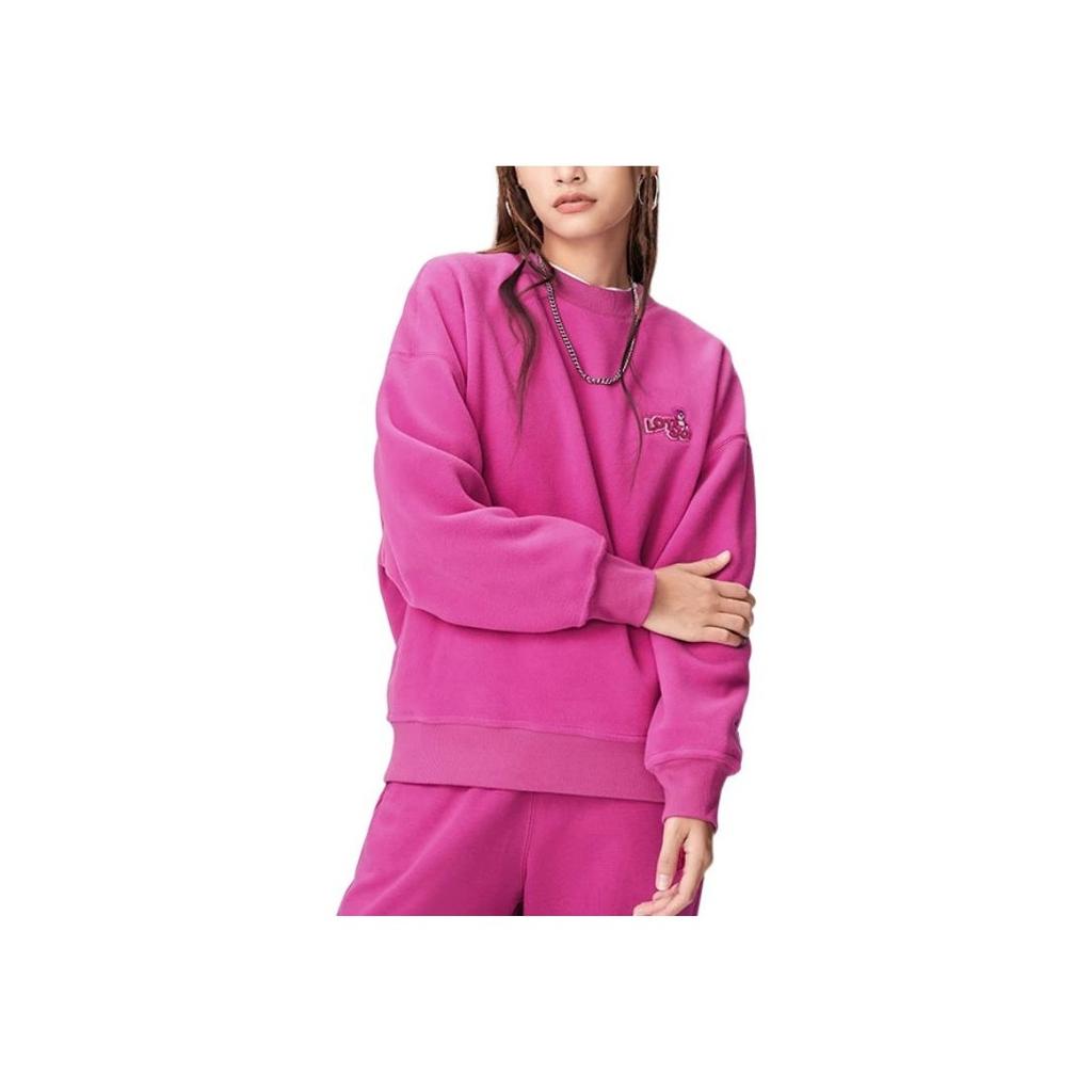 Li-Ning Toy Story Series Logo Print Plush Warm Loose Crew Neck Pullover Sweatshirt Women Tops Pink AWDSF36-1