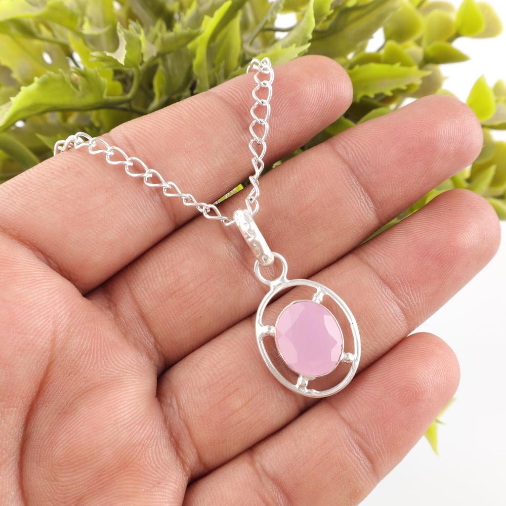 Rose Chalcedony Stone Art Deco Birthday Gift Pendant Jewelry 925 Sterling Silver PP-6-13