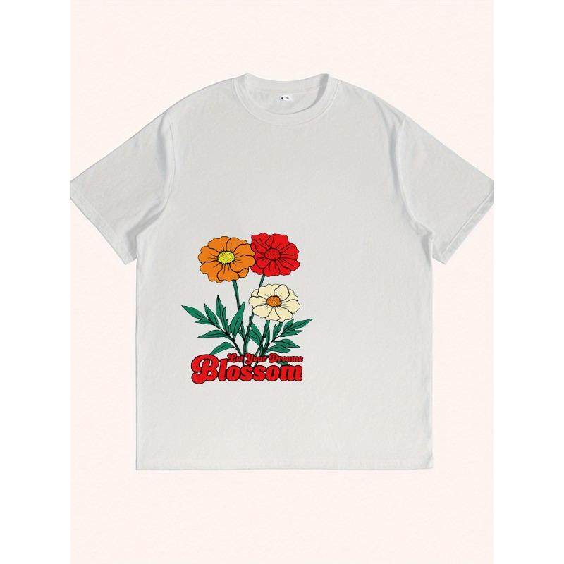 Women Let Your Dreams Blossom T-Shirt Floral Print Orange Red White Flowers Round Neck Short Sleeve Machine Washable Black Casual Home Streetwear Top