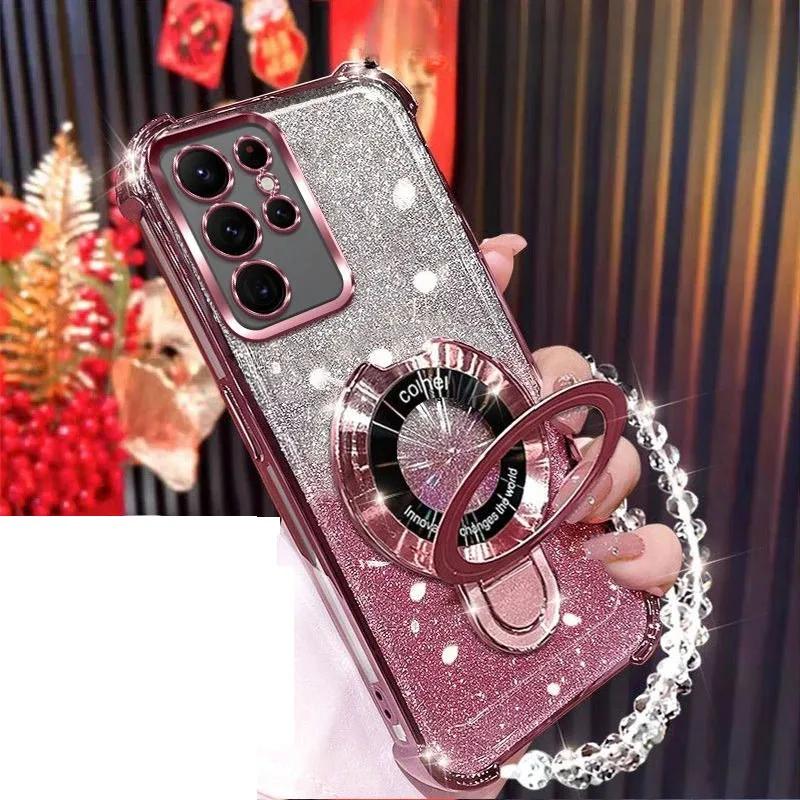 For Samsung Galaxy A56 A36 A17 A26 A25 A15 A13 A53 A73 A32 A52 Shockproof Glitter Case Plating Magnetic Holder Bracelet Cover