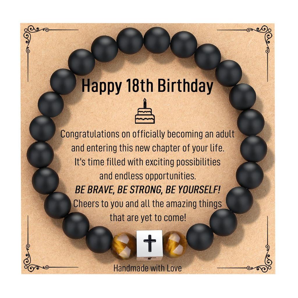 Black Matte Stone & Tiger Eye Square Cross Pendant Bracelet