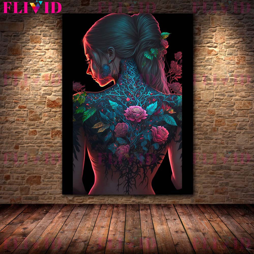 Abstraktní tetování květina Sexy dívka plakát Wall Art Malba na plátně plakát