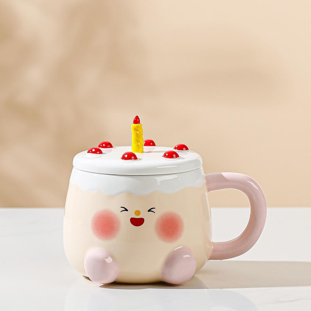 High looking Cake Ceramic Cup for Girls Cute Cartoon Home Set of Mug with Lid Coffee Cup Gift Box