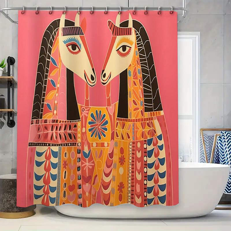Colorful Horse Shower Curtain Set Bath Decor With Long Horns Design For Kids Bathroom Pink Background Decorative Hanging Tapes I