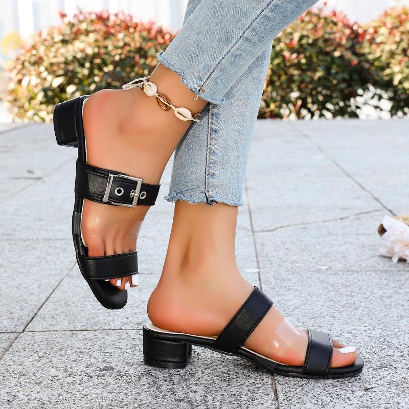 Fashion Ladies Shoes 2025 Fashion Open Toe Women's Slippers Summer New Outdoor Belt Buckle Plus Size Dress Best Seller Solid Heels Women