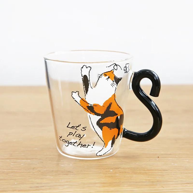 1PCS Cute Cat Glass Juice Coffee Cup Milk Tea Coffee Glass Mug Cat Tail Handle Cat Valentine's Day Lover Gifts Stainless Spoon
