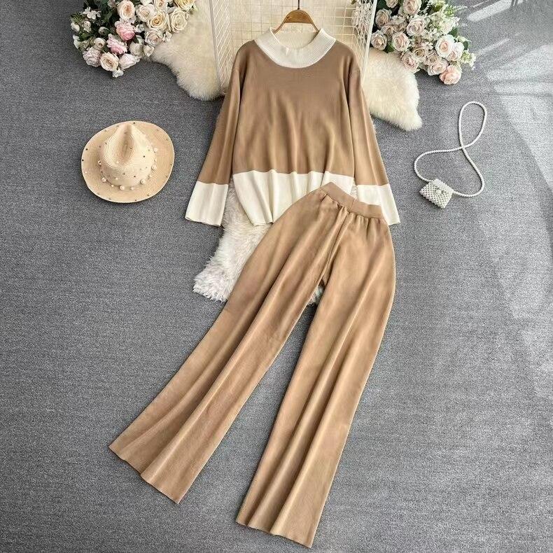 

Женские свитера с длинными рукавами, вязаные костюмы из двух предметов, повседневные женские вязаные свитера и длинные широкие брюки, комплекты из двух предметов