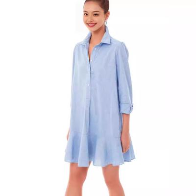 Spring and Summer Solid Color Long-sleeved Lapel Shirt Hem Lotus Leaf Dress Women