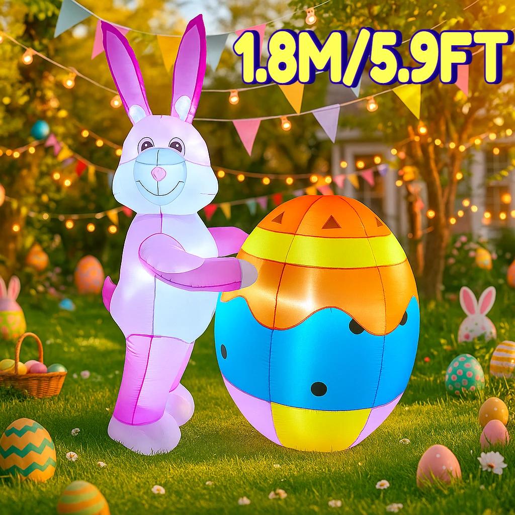 1.8M/5.9FT Inflatable Model Easter Holiday Festival Rabbit Support Easter Egg DIY Decoration Outdoor Garden Yard LED Light Decor