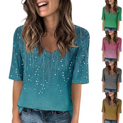 Camisetas con cuello en V para mujer, media manga, estampadas, casuales, de verano, camiseta, blusa