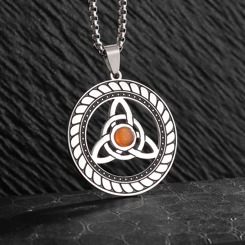 Statement Fashion Irish Celtic Knot Gemstone Pendant Stainless Steel Witchcraft Witch Knot Necklace for Men Women Amulets