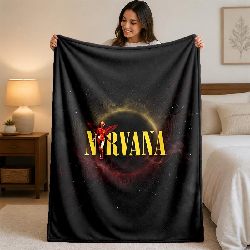 Nirvana Baskılı Flanel Battaniye Rahat Hafif Peluş Atma Battaniye Yatak Kanepe Ev Kullanımı İçin