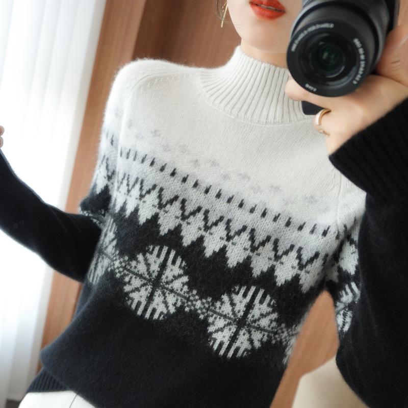 Half Turtleneck Color-blocking Sweater for Women In Autumn and Winter New Slim Age-reducing Cashmere Sweater Fashionable and Versatile Base Sweater