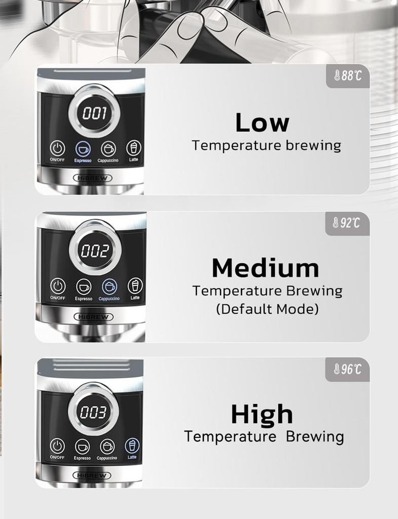 HiBREW H13A 3 v 1 Poloautomatický kávovar, 6 kávových režimů, Extrakční tlak 20 barů, Odnímatelná nádržka na vodu 1,3 l, 51mm rukojeť z hliníkové slitiny