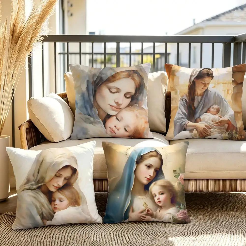Blessed Virgin Mother Mary Cushion Cover Summer Linen Pillow Case Organic Fabric Cushion Cover DoubleSided Sofa Home Decor