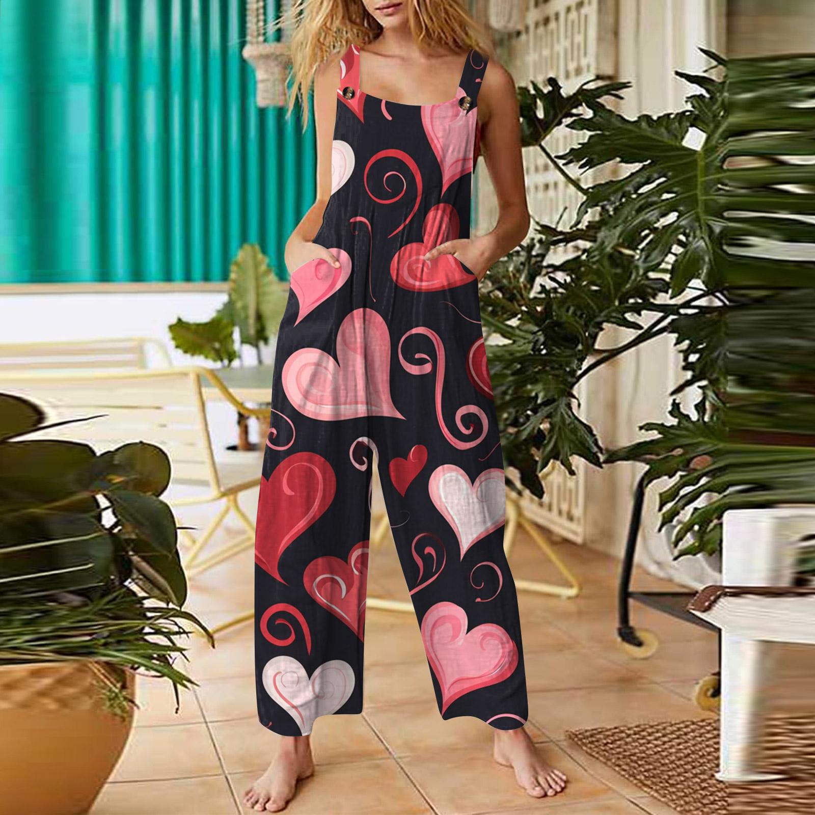 

Women s Casual Sleeveless Jumpsuit With Valentine s Day Print, Cotton Romper XXXL Кіновар