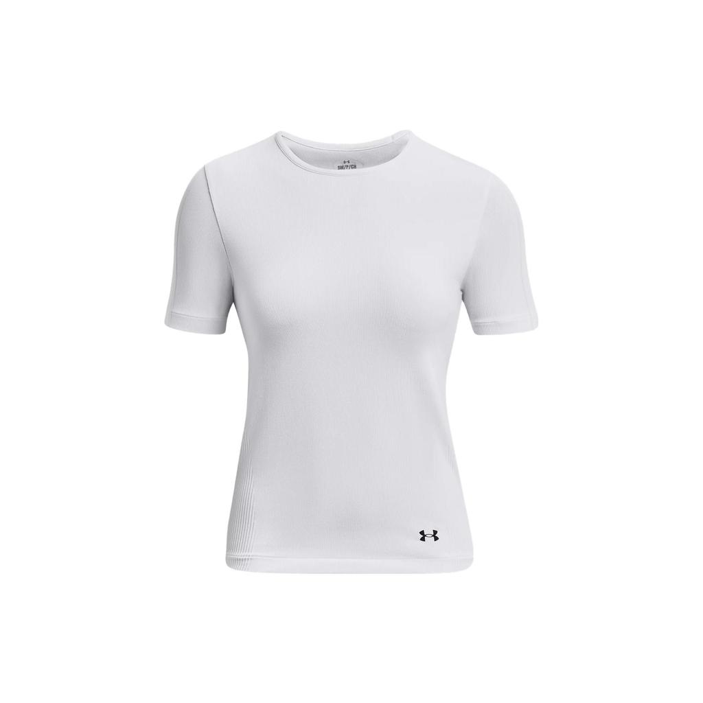 Under Armour Rush Series Seamless Solid Color Logo Embroidered Round Neck Short Sleeve T-Shirt Women Tops White 1373929-100