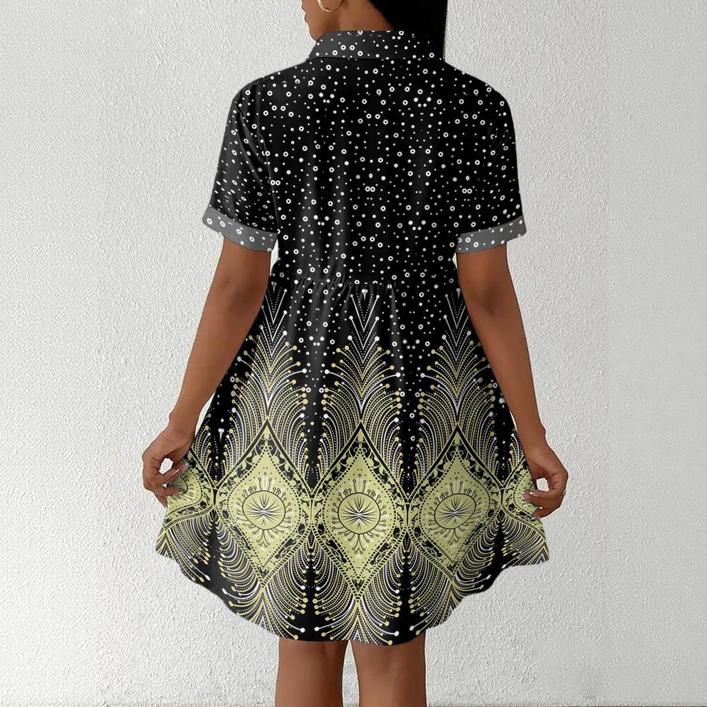 Women Casual Loose Shirt Dress Button Up Stand Collar Short Sleeve Printed Mini Dress Lightweight Tunic Dress