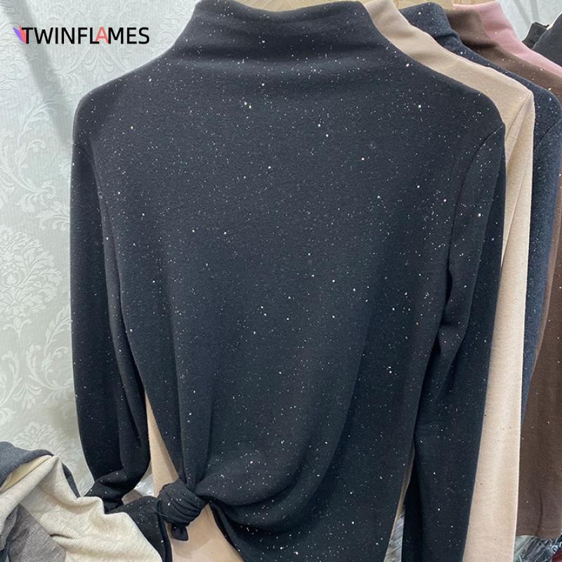 Zimní Dámská Móda Top Třpytky Dámské Nové Tlusté tričko se zapínáním na polovysoký výstřih, dlouhý rukáv Basic All Match Trička