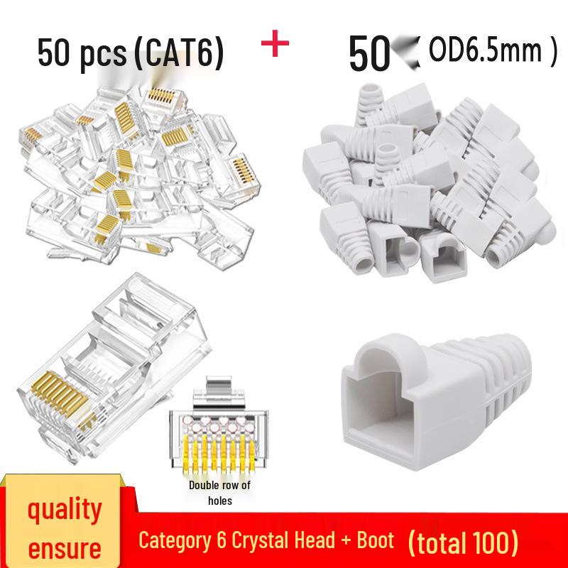 RJ45 Boot 50-Piece Set: Gold-Plated CAT6 Crystal Head & Network Cable Rubber Boots - 100 Pieces Total