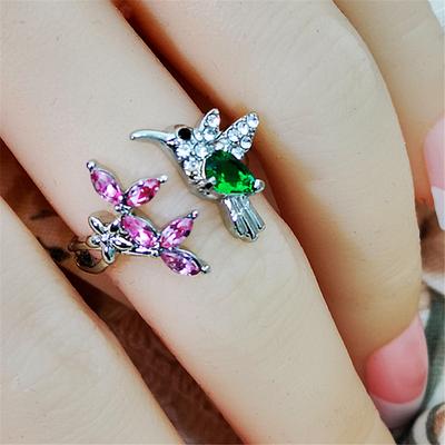 Cute Female Small Pink Green Stone Bird Open Adjustable Ring Vintage Silver Color Wedding Jewelry For Women