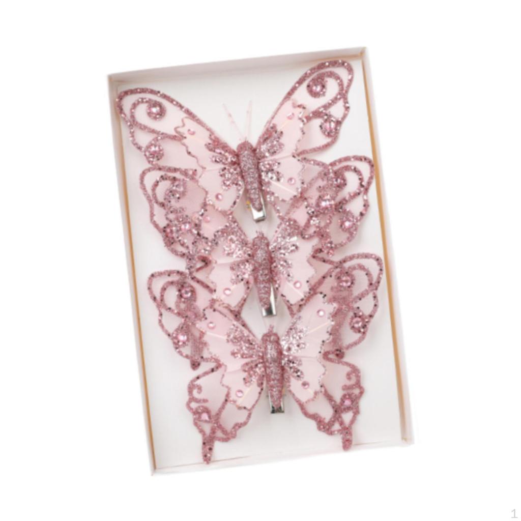 3Pcs Christmas Butterfly Decorations Ornament Decorative Centerpiece with Clip Glitter