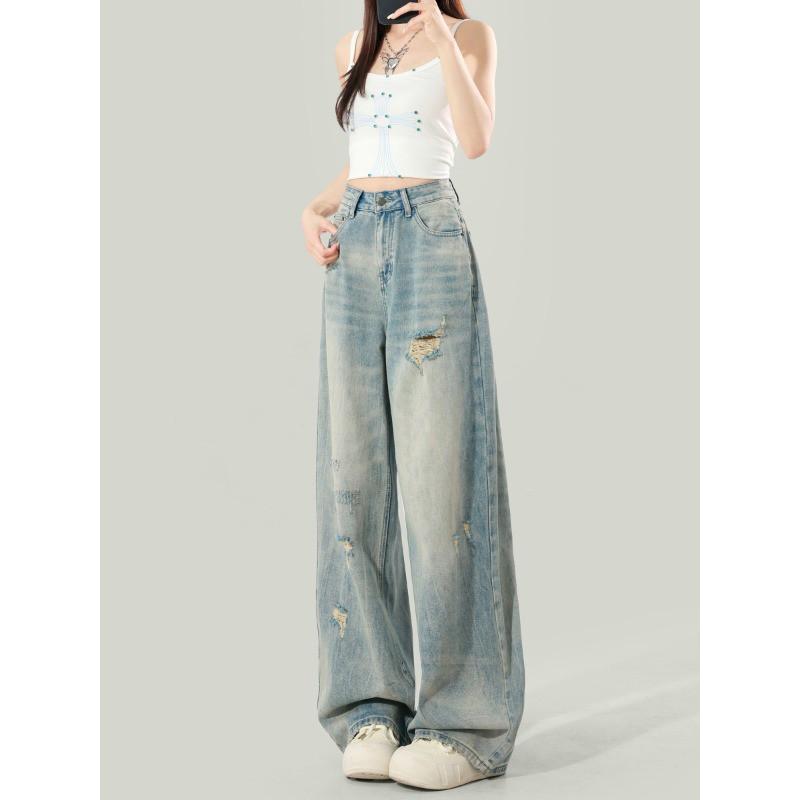 Womens High-Waisted Wide-Leg Distressed Denim Jeans 2026 Loose Fit Cropped Flare Trousers