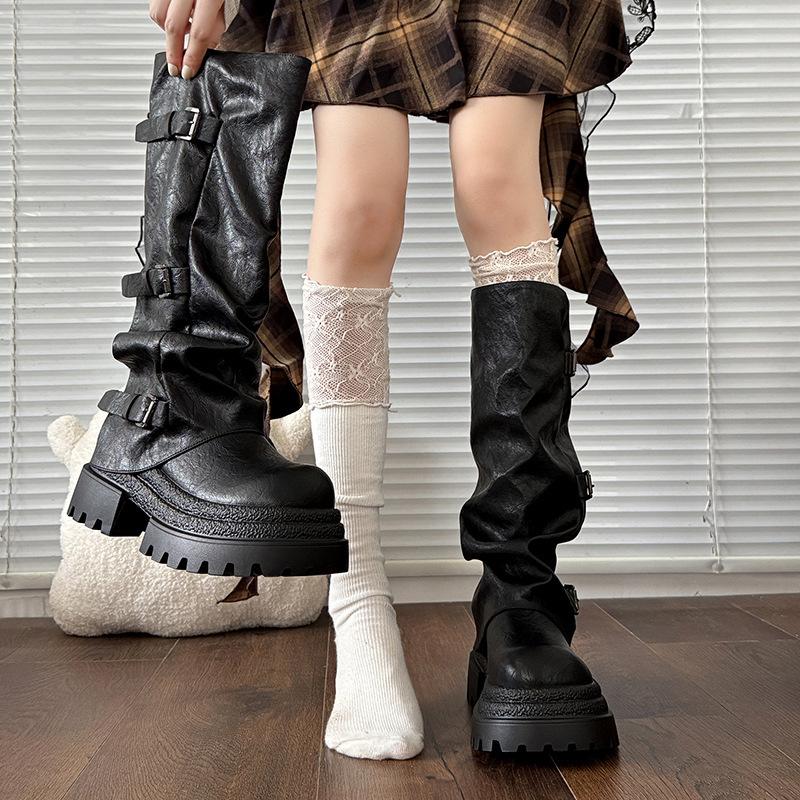 Thick-soled heightening knight boots women's 2025 new spring and autumn retro brown Maillard stacking boots medium tube boots