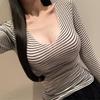 Elegant Korean V-neck Striped Slimming Long-sleeve Base Shirt