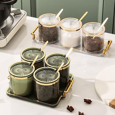 Plastic Condiment Jar Transparent European Style Seasoning Storage Jar with Spoon and Lid Stripe Spice Container Kitchen