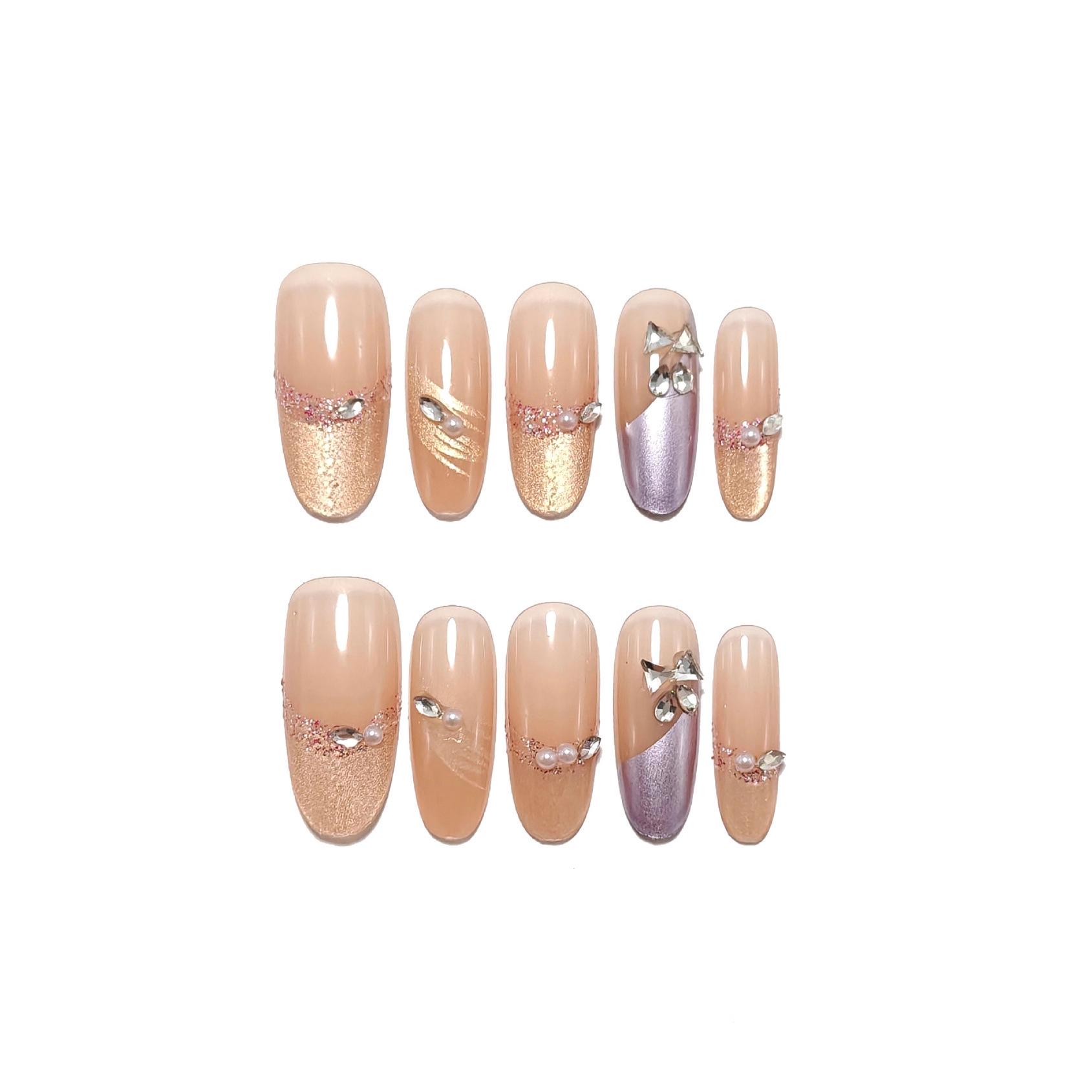 

Champagne Cat Eye Oval Nail Tips with Glitter Lines - 10 Pieces Small Glitter