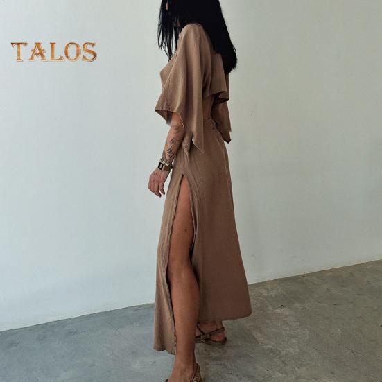 Women's V Neck Maxi Dress Sexy Hollow Out Short Sleeve Bodycon Split Dress Summer Cotton Linen Long Dress for Beach Vacation