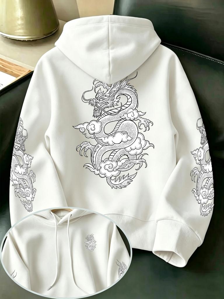 Men's Auspicious Cloud and White Dragon Ink Painting Print Hooded Sweatshirt, Retro Japanese Traditional Ukiyo-e Style Pullover
