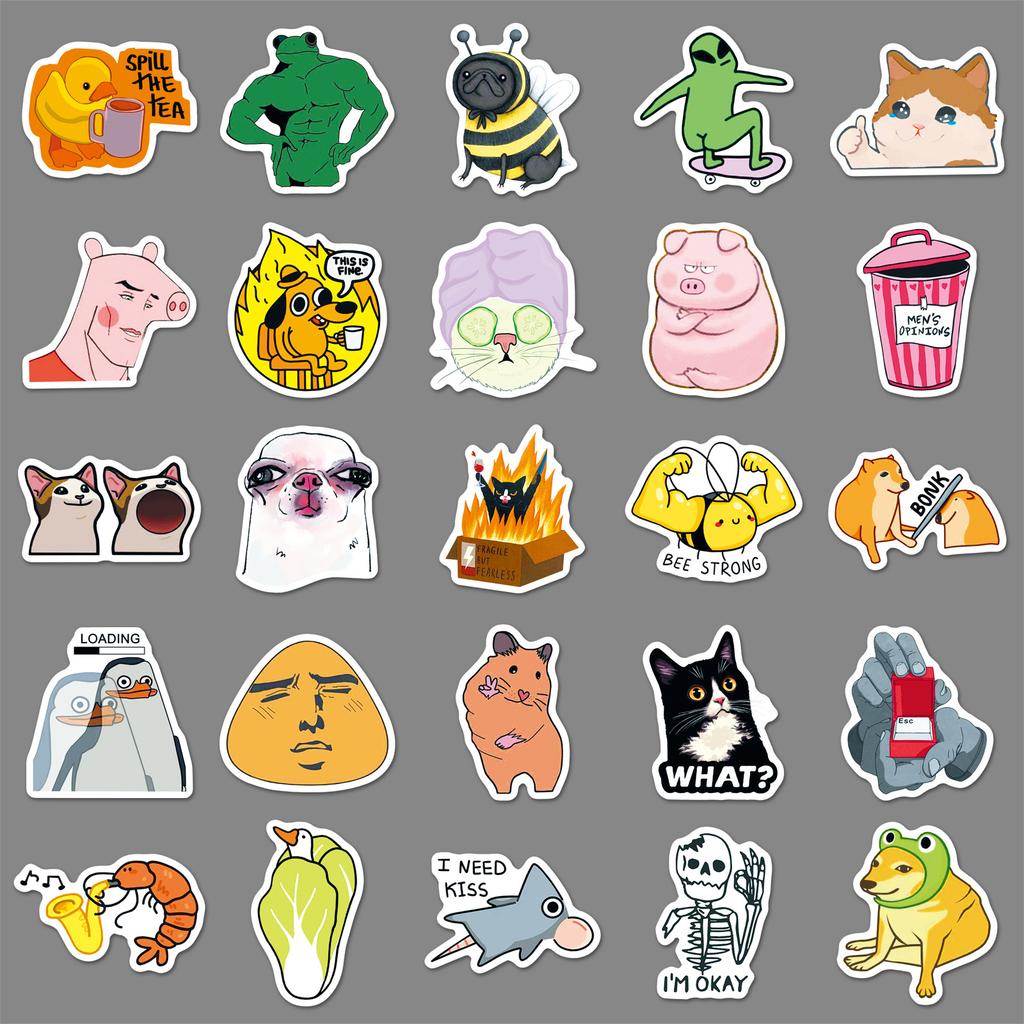 50 MEME Graffiti Cartoon Emojis, Personalized and Bizarre Graffiti Waterproof Decoration Skateboarder Bookbook Stickers