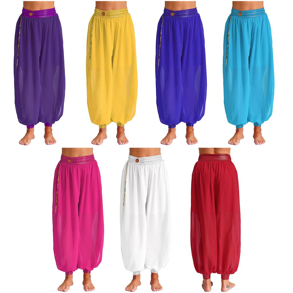 Womens Belly Dance Bloomers Chiffon Pants Ruched Waistband Side Split Carnival Costume