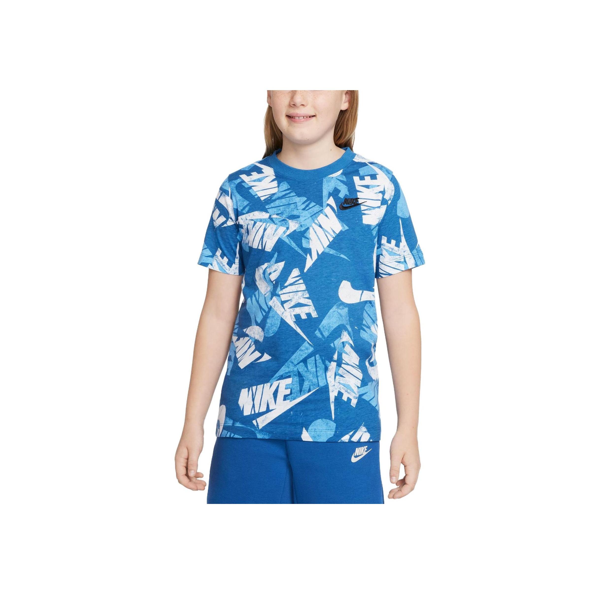 

Nike Sportswear Letter Logo Pattern All Over Print Crew Neck Short Sleeve T-Shirt Kids Tops Dark-Beach-Blue DO1816-407 XL