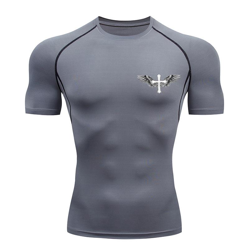 Cross Wings Print Compression Shirt for Men Christian Athletic Tshirt Sporty Tees Tops Gym Workout Running Baselayers Undershirt