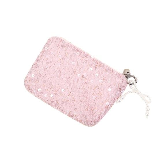 Sequined Cosmetic Bag Girls Stylish Glittery Clutch Makeup Bag with Faux Pearl Bow Zipper Puller Portable Travel Toiletry Organizer for