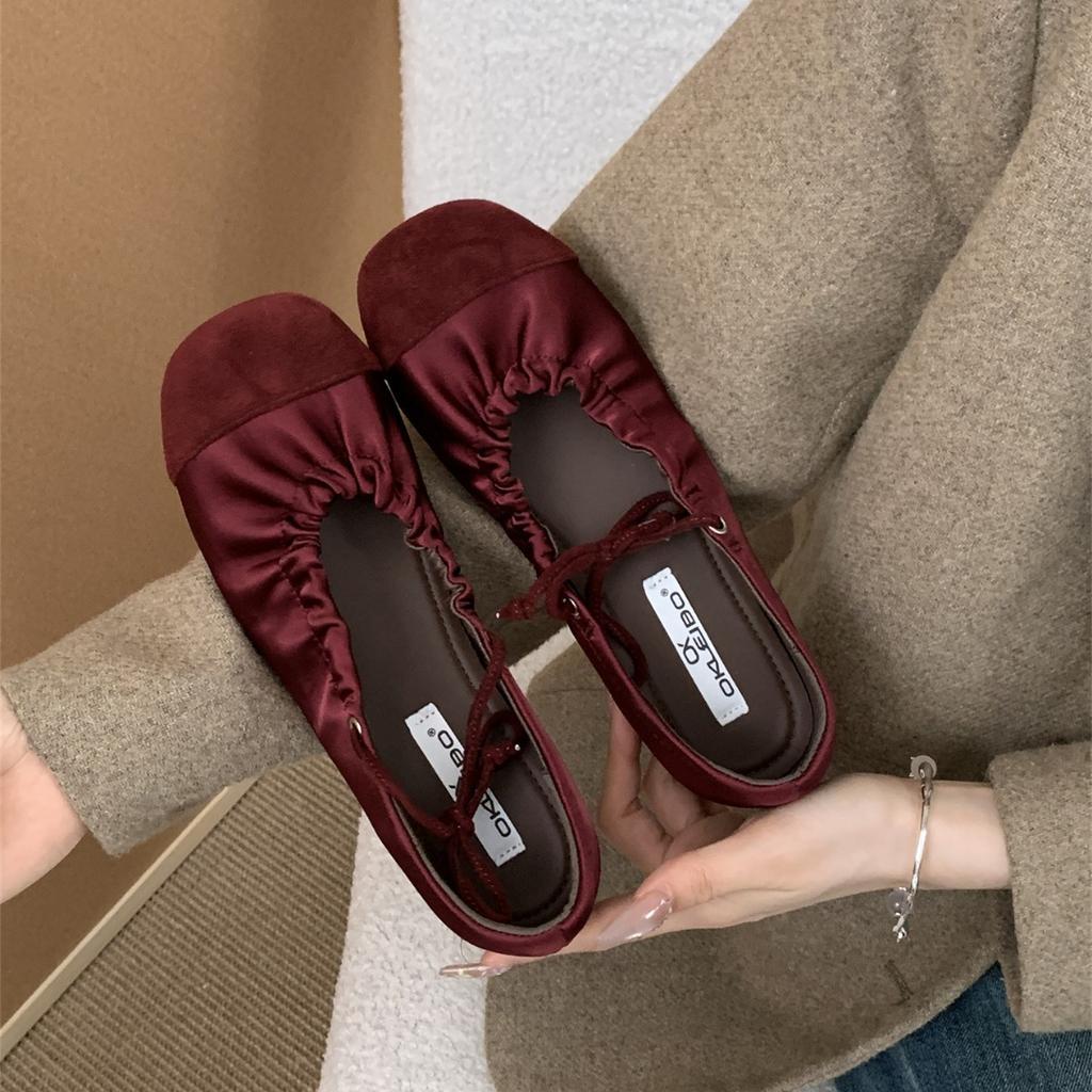 French retro pleated lace-up flat Mary Jane shoes shallow mouth single shoes women's evening wind round head one pedal ballet shoes